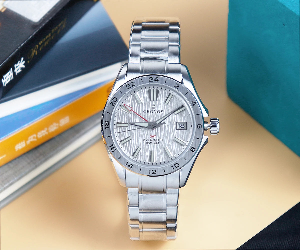 Cronos New 39mm Texture Dial Mechanical Men Watch NH34 Automatic Mechanical Bubble Sapphire Glass Brushed Bracelet 100M L6029 V2