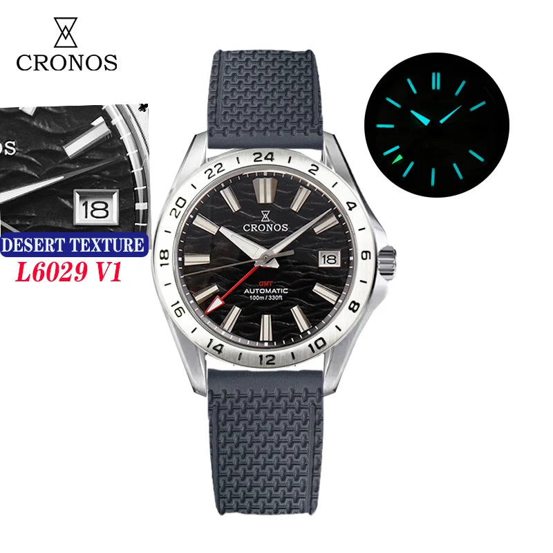 Cronos New 39mm Texture Dial Mechanical Men Watch NH34 Automatic Mechanical Bubble Sapphire Glass Brushed Bracelet 100M L6029 V2