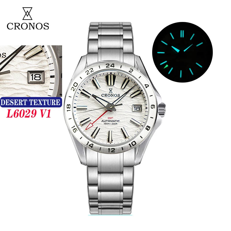 Cronos New 39mm Texture Dial Mechanical Men Watch NH34 Automatic Mechanical Bubble Sapphire Glass Brushed Bracelet 100M L6029 V2