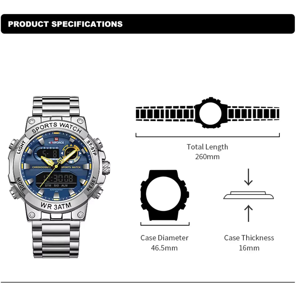 NAVIFORCE Men's Dual Display Waterproof Quartz Watch – Military Sports Digital & Analog Wristwatch