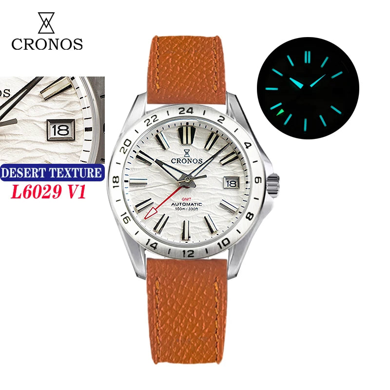 Cronos New 39mm Texture Dial Mechanical Men Watch NH34 Automatic Mechanical Bubble Sapphire Glass Brushed Bracelet 100M L6029 V2