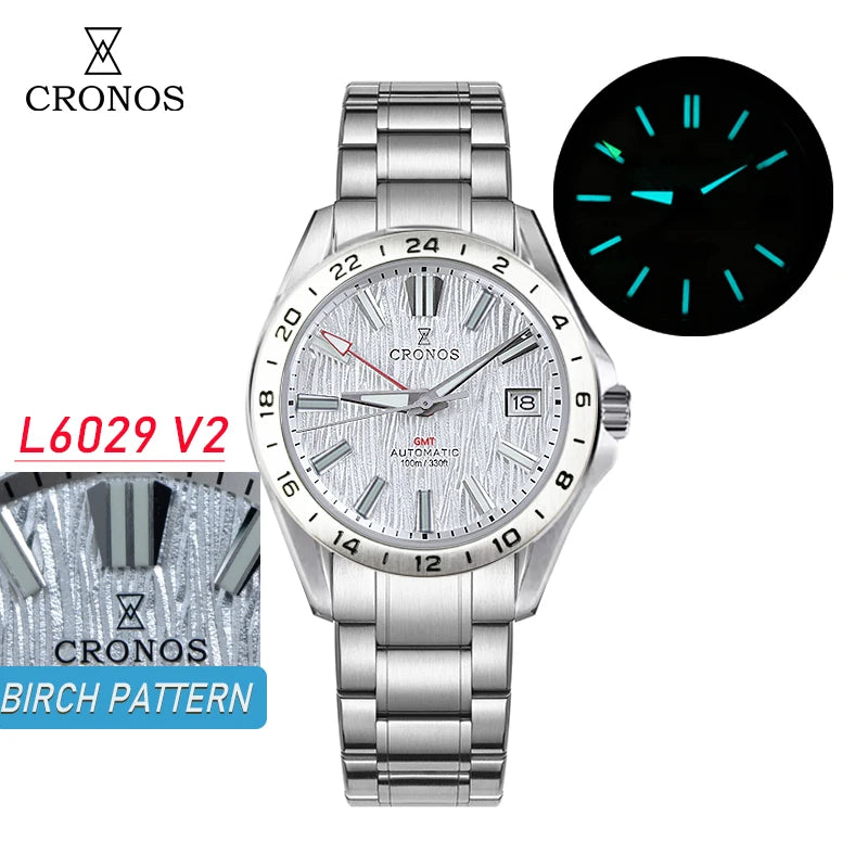 Cronos New 39mm Texture Dial Mechanical Men Watch NH34 Automatic Mechanical Bubble Sapphire Glass Brushed Bracelet 100M L6029 V2