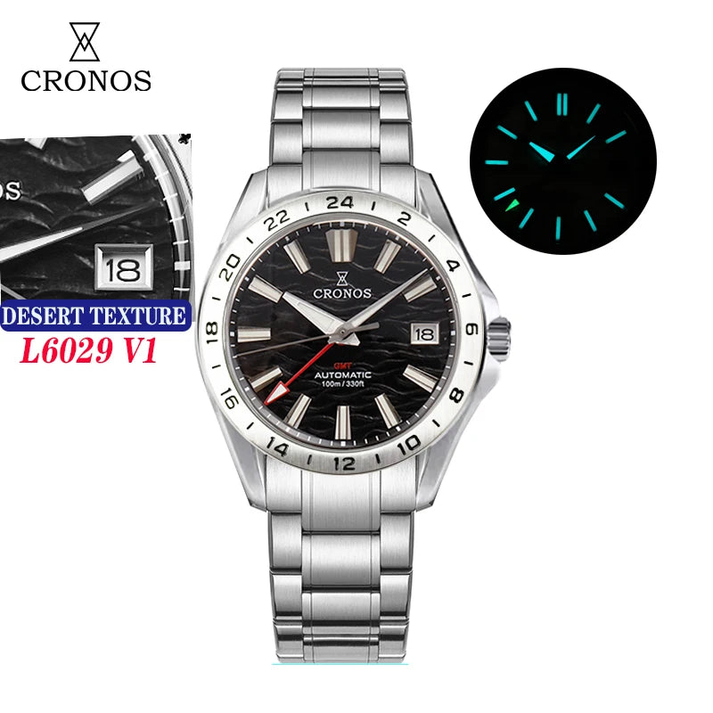 Cronos New 39mm Texture Dial Mechanical Men Watch NH34 Automatic Mechanical Bubble Sapphire Glass Brushed Bracelet 100M L6029 V2